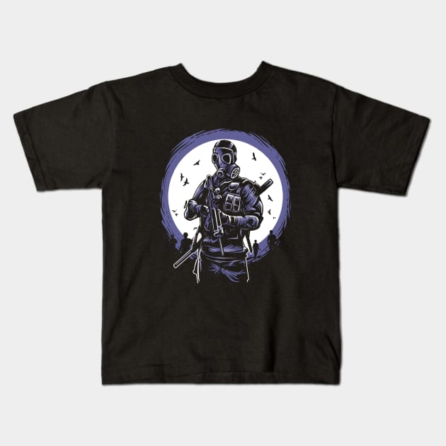 Gas Mask Soldier Kids T-Shirt by drewbacca